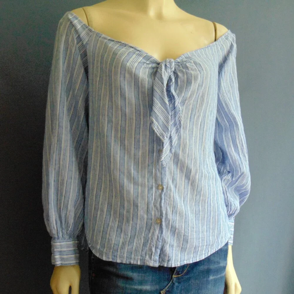 Free People Blue Striped Hello There Linen Tie Front Off Shoulder Top L - Picture 2 of 10